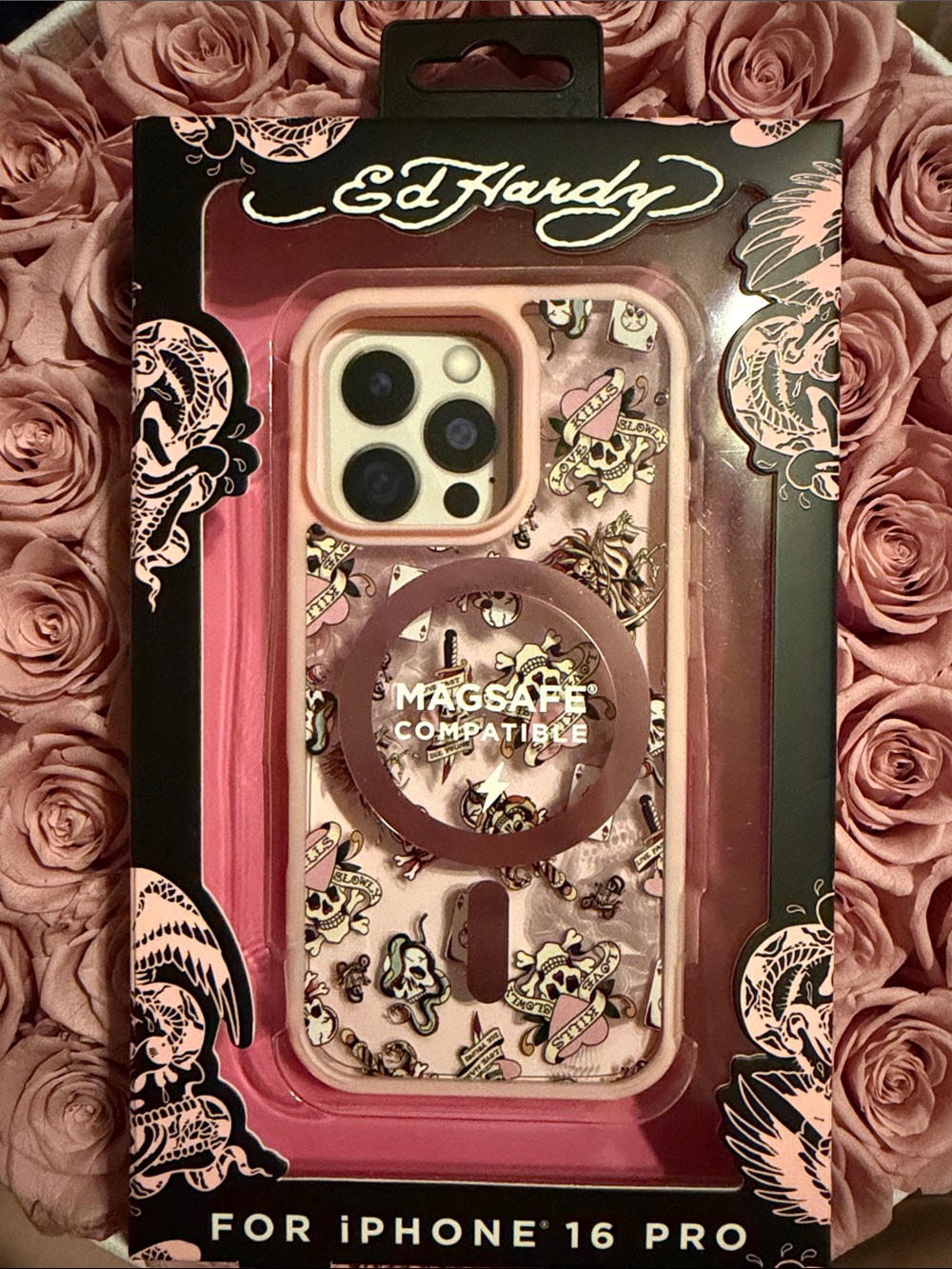 Ed Hardy Pink Tattoo-Print MagSafe-Compatible iPhone Case